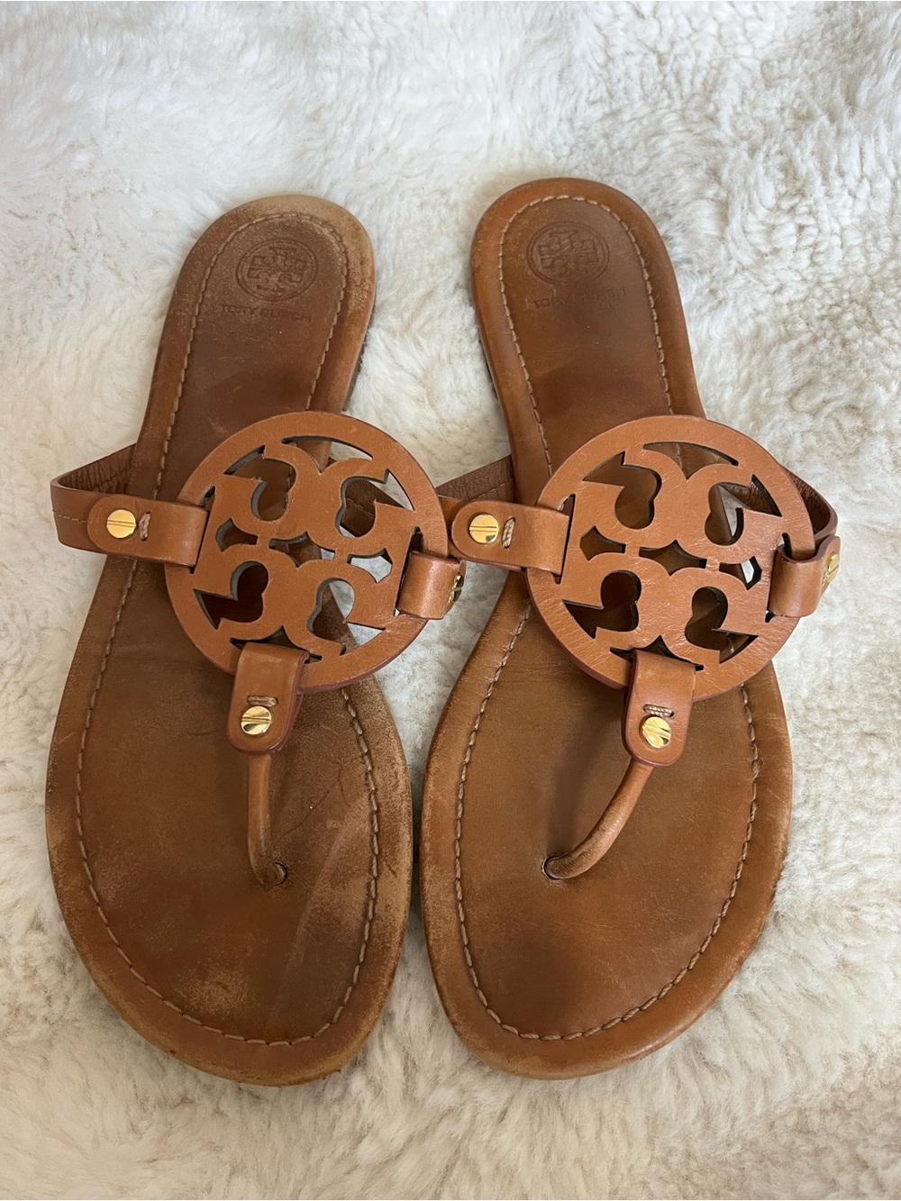 Tory Burch Tan Leather Miller Logo Thong Sandals Sz 9.5